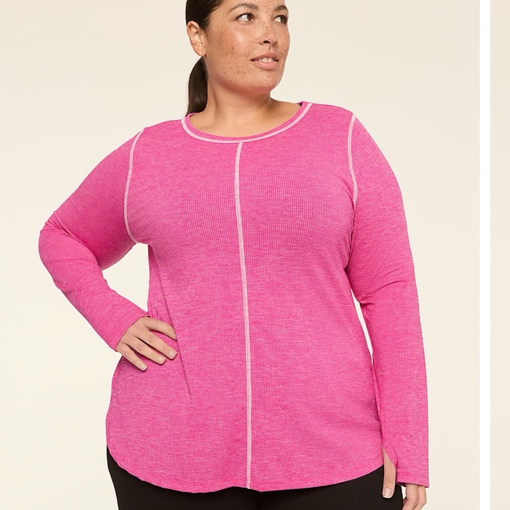 Livi Active Plus Size Long Sleeve Top in Bright Pink with Contrast Seams